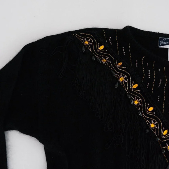 Vintage Vanna White R&K Originals Black Beaded w Tassels & Amber Gems Sweater XL - Picture 10 of 12